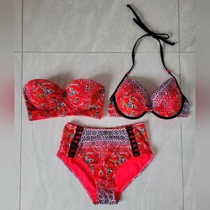 SWIMWEAR lot of 3 pieces, bright colour, high waist, halter, strapless bikini